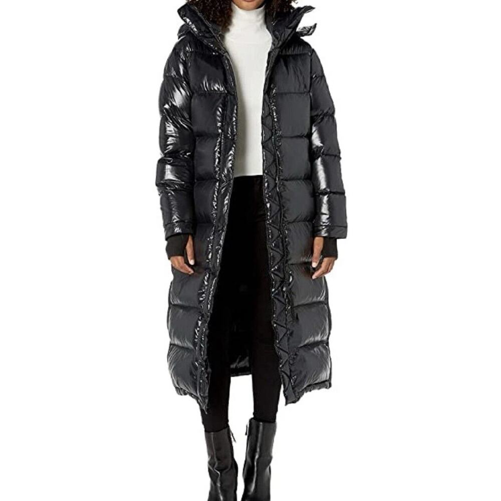 S13 New York Jet Black Long Maxi Glossy Puffer Quilted Down Coat XS Hooded
